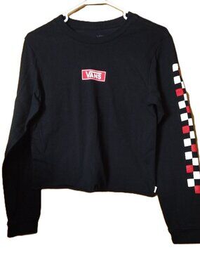 Vans Off The Wall Women's Small Checkerboard Black Long Sleeve Crop Top Shirt